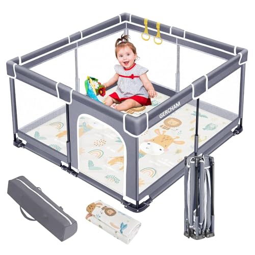 Parque plegable GERCHAM, 120 x 120 cm, con colchón, malla transpirable y base estable, para la seguridad de los niños, color beige.