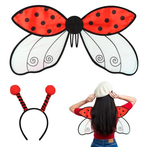 LANGFON Ladybug Wings Strap-On Red Lady Beetle Costume Wings for Women Dress-up Adjustable Ladybird Costume Wings with Headband for Girls Kids Birthday Party Holiday Adult Costume Cosplay Accessories