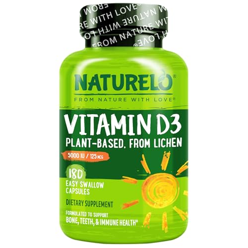 Image of NATURELO Vitamin D - 5000 IU - Plant Based from Lichen - Natural D3 Supplement for Immune System, Bone Support, Joint Health - High Potency - Vegan - Non-GMO - Gluten Free - 180 Capsules