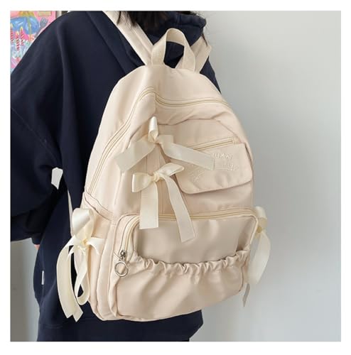 Japanese girl bow backpack cute college style large capacity backpack pleats fresh and sweet (Off-White)3