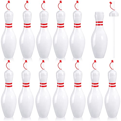 Funtery 12 Set Bowling Lovers Gifts for Men Women 25 oz Reusable Bowling Pin Plastic Water Bottles with Straws and Lids Sports Fans Party Favors