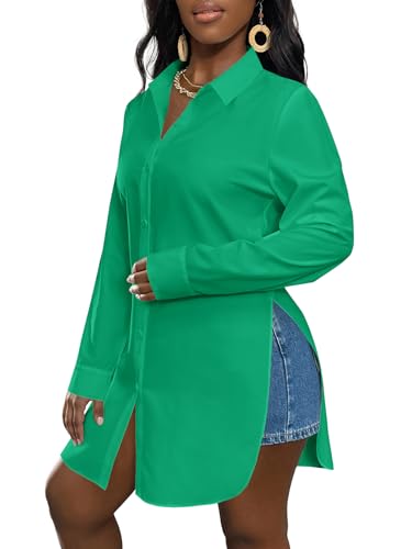 Image of LYANER Women's Collar Neck Long Sleeve Button Down Shirts Sexy Split Hem Tops Long Blouse Shirt Dress