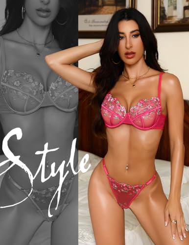 Image of Lingerie Sexy Bra and Panty Set for Women See Through Sheer Underwear Cute Exotic Floral Embroidery Babydoll Set