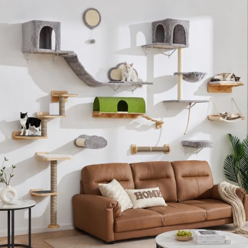 BYBYME Kratzbaum Wand Mit HäNgematte Und Bett, Hohe Katzenregale FüR Mehrere Katzen, PlüSch-Sitzstange, Kratzbrett Und Sisal-Beschichtete Pfosten, 6PCS Langlebiges KatzenklettermöBel (Hellgrau)