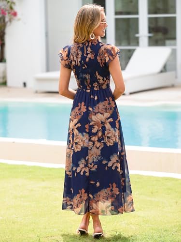 BerryGo Womens Floral Maxi Dress Ruffle Cap Sleeve Chiffon Smocked Western Dress Modest Flowy Wedding Guest Dress Fall Trendy Fashion Teacher Outfits Navy Blue XL — view 4