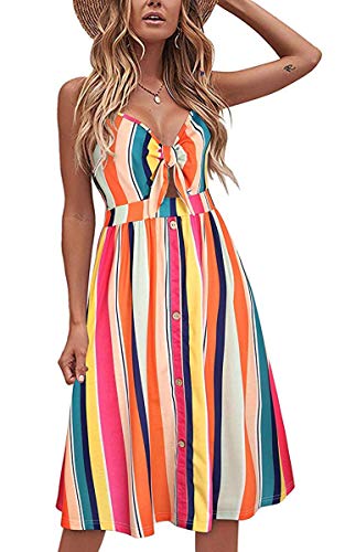 Image of ECOWISH Women 2026 Summer Dresses Tie Front V-Neck Spaghetti Strap Button Down A-Line Backless Swing Midi Dress