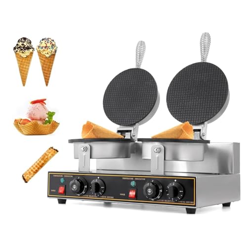 Commercial Ice Cream Cone Maker, 1200W+1200W Double Head Waffle Cone Egg Roll Maker Machine with Intelligent Temperature & Time Control, Stainless Steel Body, Nonstick Mold for Restaurant Home