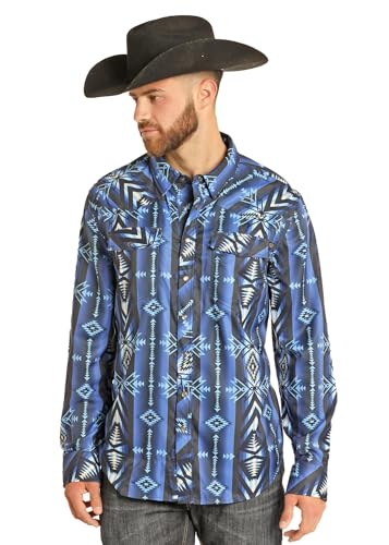 Rock & Roll Denim Men's TEK Western Blue Striped Aztec Long Sleeve Shirt
