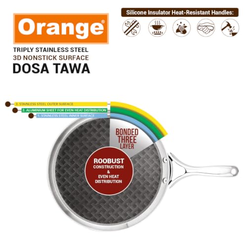 Image of Orange Triply Stainless Steel 3D Nonstick Surface Dosa Tawa 290mm | 4mm Thick 3-Layer | Induction Friendly | Cool-Touch Silicone Handle | Ideal for Dosa & Uttapam | 5 Year Warranty