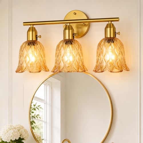 Image of 19.3 inch 3-Light Bathroom Light Fixtures, Gold Vintage Vanity Lights with Clear Amber Tulip Glass Shade, Bathroom Wall Lamp for Mirror Kitchen Living Room Hallway Cabinet Porch