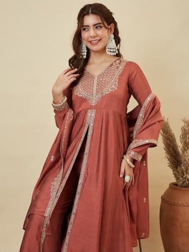 Image of MOKOSH Women's Silk Anarkali Kurta Pant with Dupatta | Anarkali Kurta Set | Embroidery | Indian Kurta Outfit With Pant | Ethnic Kurta | 3 Piece Outfit