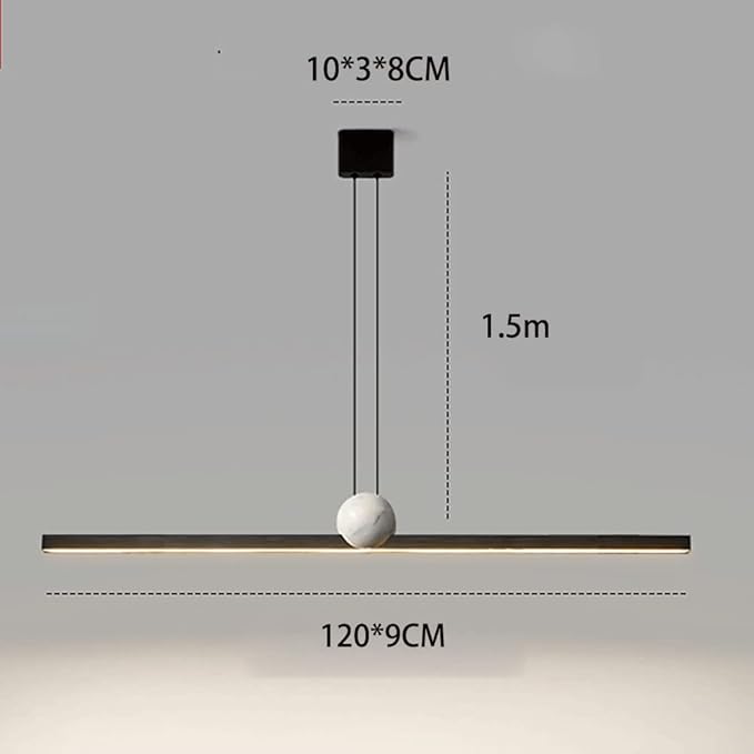 Mjsdjof Lange hanglamp voor eetkamer, hangende lampen met metalen strip van één woord en bolvormige marmeren set, LED-verlichting in 3 kleuren voor woonkamer, keukeneiland lineaire kroonluchters photo 3