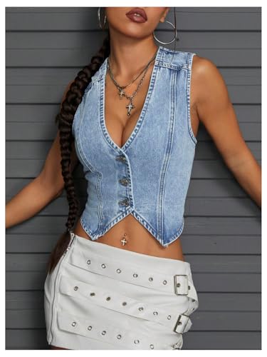 Floerns Women's Going Out Denim Vest Sleeveless Button Up V Neck Y2k Crop Tops3