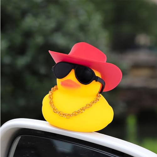 Image of wonuu Car Rubber Duck, Yellow Duck Decoration Dashboard with Sun Hat Swim Ring Necklace Sunglasses for Car Dashboard Decorations, Red Cowboy Hat-Red Donut