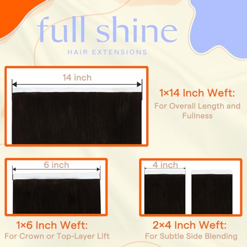 Image of Full Shine Tape in Weft Hair Extensions Human Hair, Darkest Brown 16 Inch