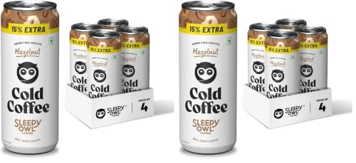 Image of Sleepy Owl Hazelnut Cold Coffee | 4 x 230mL Cans | Made With Real Milk & Coffee | No Preservatives (Pack of 2)