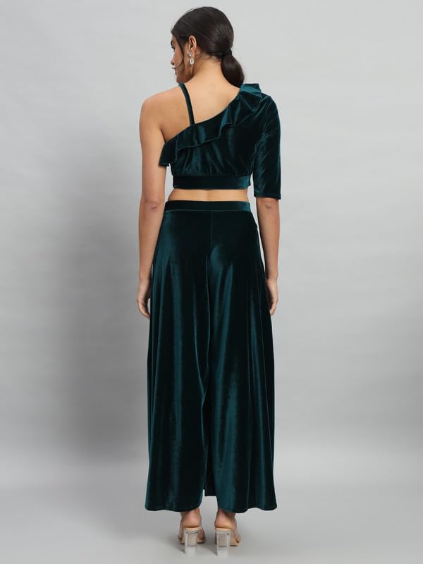 Image of Vaararo Velvet Co-Ords for Women | One Sleeve Crop Top with Palazzo Set Casual Party Dress