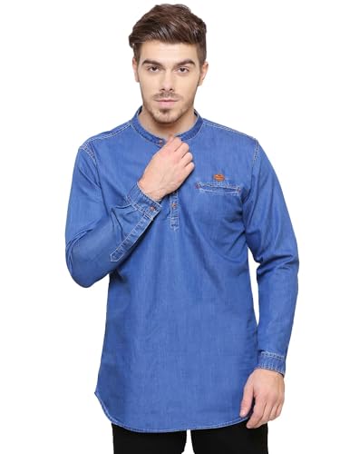 Image of Kuons Avenue Men's Denim Casual Short Kurta | Mandarin Collar | Full Sleeves | Tailored Fit- Stylish Ethnic Wear