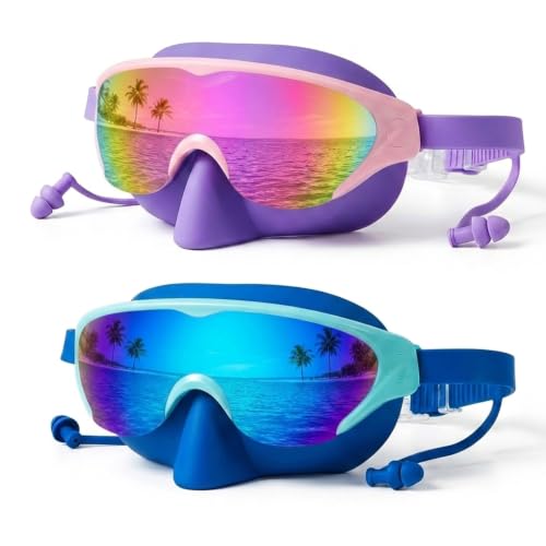 Zoomsnail Kids Swim Goggles Mask with Nose Cover Anti-Shattered UV Leak Fog Lens Toddlers Swimming Goggles for Kids 3-15 (Blue & Purple Pink-Color mask)