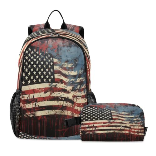 Sac d'école drapeau américain artistique bleu rouge avec kit lunch box assorti