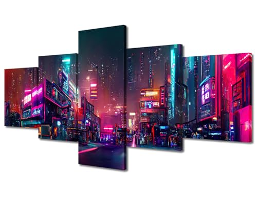 Modern Canvas Wall Decor 5 panel Wall Art Cyberpunk Gaming Style Sci Fi Scene Poster Prints on Canvas for Boy Girl Living Room Bedroom Home Wall Decor Stretched and Framed Ready to Hang 50x24 Inch
