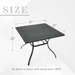 37" Plastic Top 4 Person Square Patio Dining Table with Metal Steel Leg, Three-Dimensional Wood-Like Grain and Umbrella Hole 37 Plastic Top 4 Person Square Patio Dining Table with Metal Steel Leg Three Dimensional Wood Like Grain and Umbrella Hole
