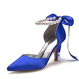 Women's Pearl Royal Blue Wedding Shoes for Bride High Heels Pointed Toe Bridal Shoes Satin Prom Party Dress Pumps Sandals 602-1