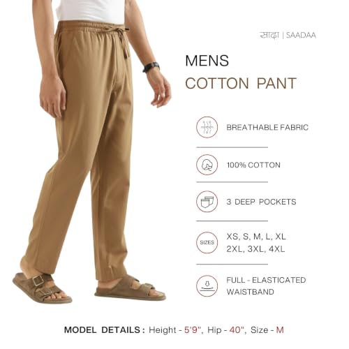 Image of SAADAA Men's 100% Cotton Pants | Mid-Rise Straight Fit Casual Trousers with Elastic Waistband and 3 Pockets | Everyday Wear