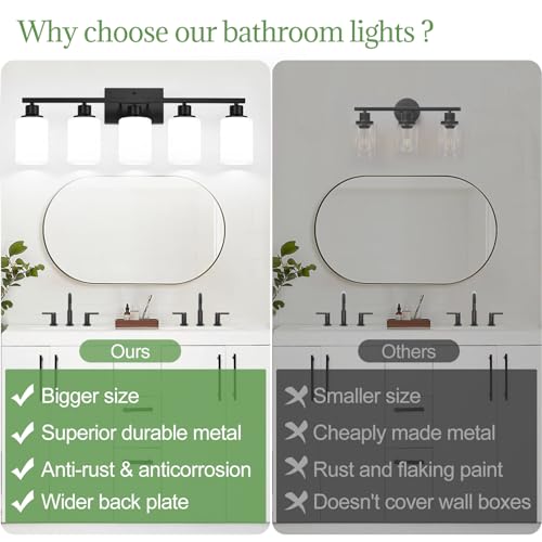 Image of Indoi 5-Light Bathroom Light Fixtures, Matte Black Modern Vanity Lights with Milky White Shades, Bathroom Wall Lamp for Mirror Living Room Cabinet Bedroom Porch