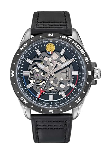 Montre Patrouille de France Athos 5 : montre aviateur squelette mécanique et cuir noir