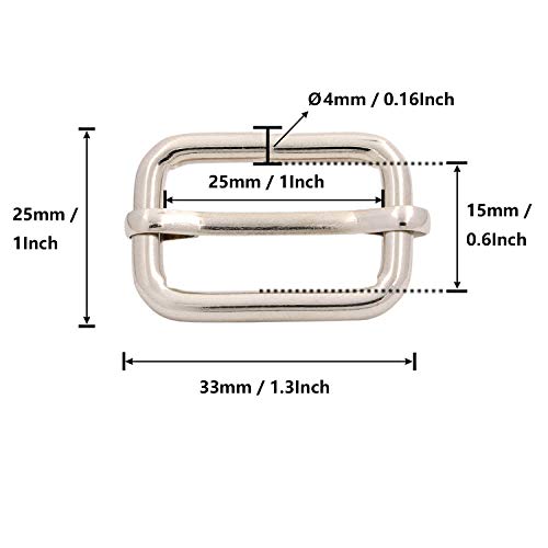 BIKICOCO Metal Slide Adjuster Buckle Tri-Glides with Movable Center Bar, for Straps, 1 x 0.6 Inch, Silver, Pack of 30