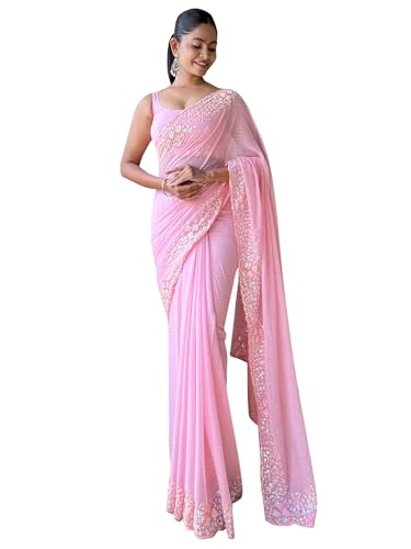 Image of AKHILAM Women's Multicolor Georgette Embellished Saree with Unstitched Blouse Piece(KESARI9501 KR Parent)