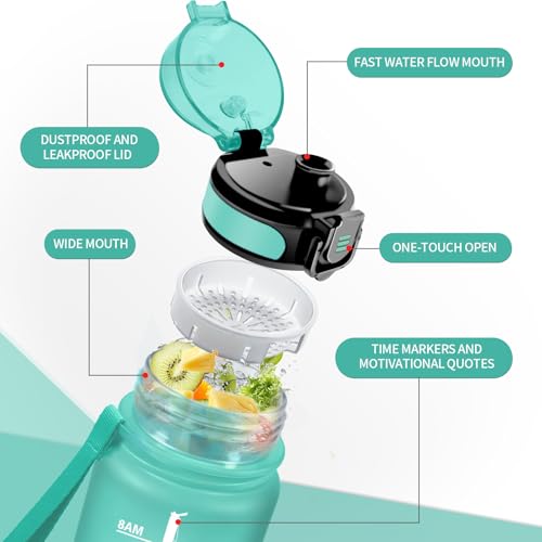 Trinkflasche 500ml, Wasserflasche mit Filte, Sport Trinkflaschen Kohlensäure Geeignet,mit Zeitmarkierungen, Auslaufsicher für Picknick, Schule, Junge, Mädchen, Büro