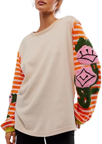 ROMRUM Women's Oversized Fuzzy Embroidery Sweatshirts Colorblock Striped Crewneck Long