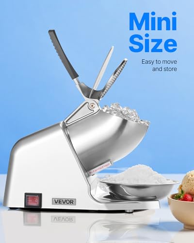 Image of VEVOR Ice Crusher Machine, 143lbs Per Hour Electric 2 Blades Snow Cone Maker, Stainless Steel Shaved Ice Machine with Bowl and Cover, 300W 2000RPM Ice-Shaver for Home and Commercial Use, Silver