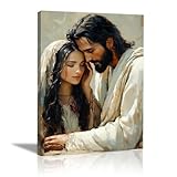 WIKEO Arte de pared Lienzo Pintura de Jesús Imagen Jesús Familia Feliz Salon Hogar Religión Pared Pintura Decoracion Jesús Dios Imagen Poster（Beige-70x100cm Enmarcado