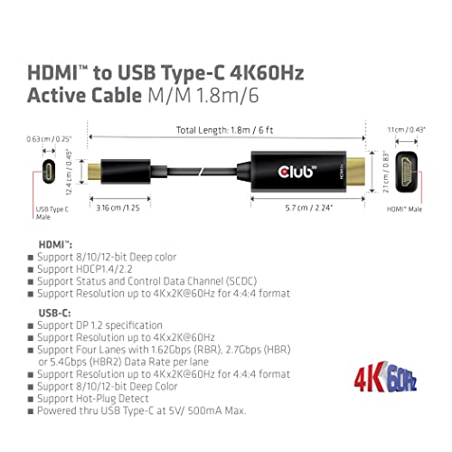 Club 3D 4K 60Hz Hdmi To Usb Type C Video Cable Hdmi 2.0 (Male) To Usb Type C (Male) Active Monitor Converter 1.8M/6 Feet Cac-1334 #TOP3