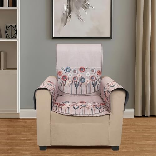 Image of Velvet 3 Seater Sofa Cover with 6 Seat and Back Covers, 2 Hand Rest Covers - Floral Daisy Print - Washable Fabric - Stylish Sofa Cover for Modern Living Room (Brown, 3 Seater With Arm Covers)