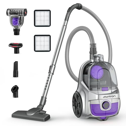 Aspiron Canister Vacuum, Upgraded 1600W Bagless Canister Vacuum Cleaner, Auto Cord Rewind, H13 HEPA Filter, 3.7Qt Large Capacity, 5 Tools for Hard Floors, Carpet, Pet, Upholstery, Tiles, Car, Lavender