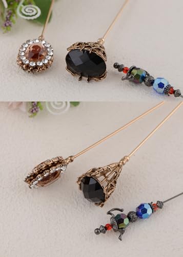Image of Alilang Magic Lamp Pearl Lady Camo Rose Heart Rhinestones 3Pcs Vintage Long Handle Hat and Lapel Pins with Flexible Bendable Design