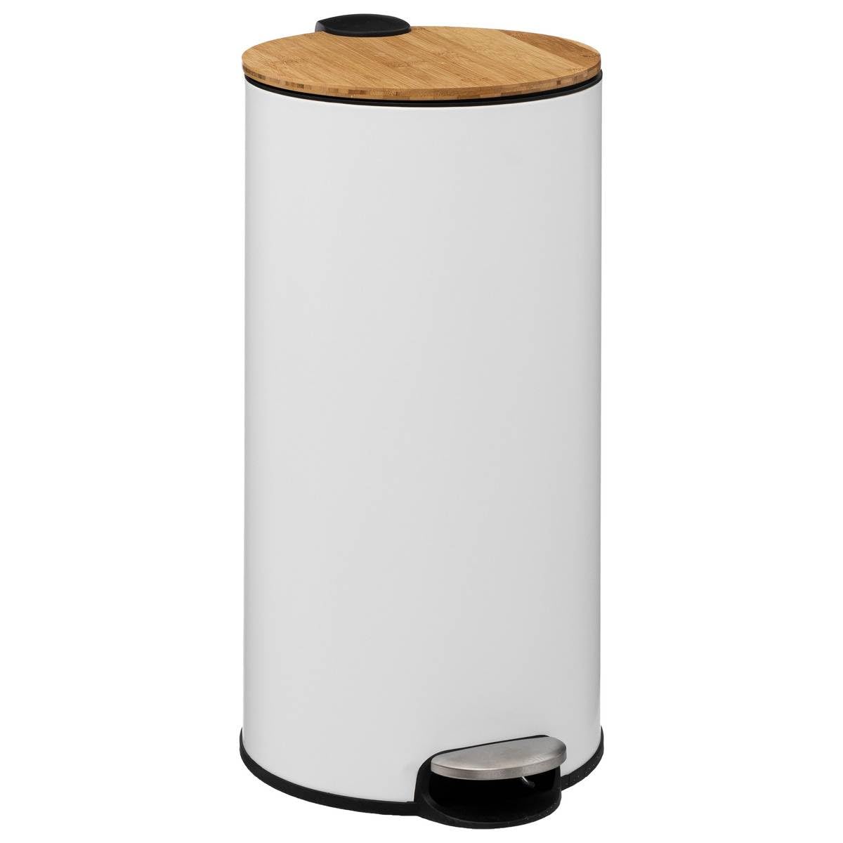 Five Poubelle 30 Litres en Métal Blanc et Couvercle en Bambou