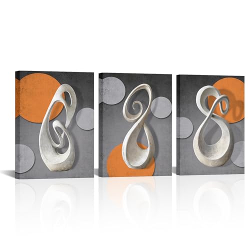 Biuteawal 3 Piece Grey and Orange Wall Art Sculpture Painting