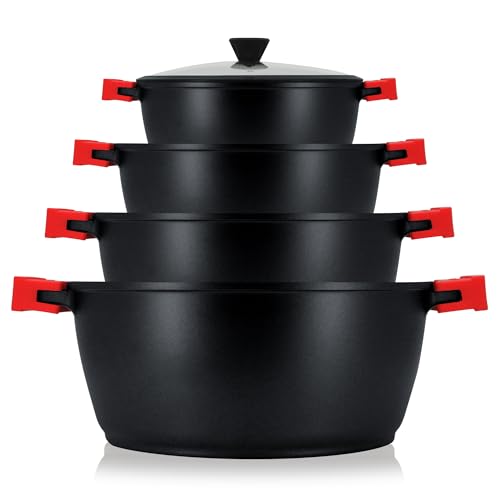 briebe Black Titanium Batería Cocina Inducción 8 Piezas Antiadherente Titanio, Juego 4 Ollas Aluminio Fundido sin PFOA, Set Cazuelas Tapas Cristal, Asas Silicona Extraíbles, Vitrocerámica, Gas, Horno