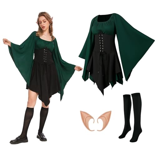 Elfen Kostüm Damen Traditionelles Irisches Kleid Trompetenärmel Medieval Dress mit Overknee Socken Und Elfenohren Renaissance Gothic Kostüm Damen für Halloween Karneval Cosplay Party (Schwarz M)