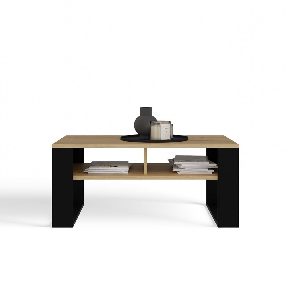 CDF Moderner Couchtisch mit Lamellen-Optik Wohnzimmertisch mit 2 Ablagen, Loft Beistelltisch Kaffeetisch Geriffelt & Kratzfest, 90 x 58 x 50 cm - Eiche Artisan/Schwarz