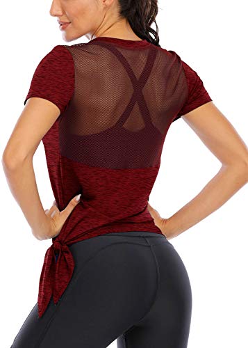Fihapyli Women's Workout Tops Short Sleeve Mesh Back Side Tie Workout Tank Tops for Women Backless Yoga Tops for Womens Pilates Tank Tops Muscle Running Tank Open Back Sports Tank Tops Burgundy M