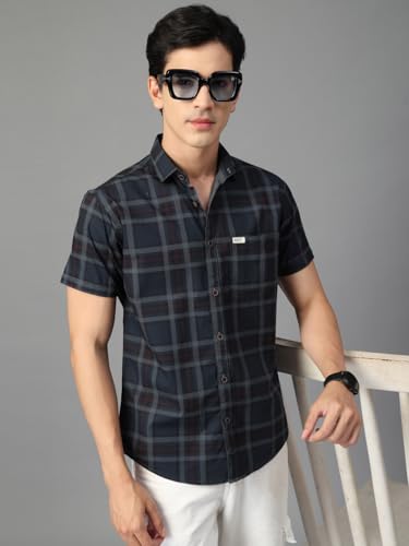 Image of Majestic Man Men's Slim Fit Premium Pure Cotton Plaid Check Half Sleeve Casual Shirt
