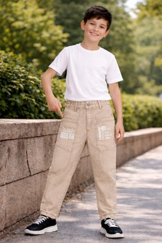 Image of Boys Cargo Pants, Kids Cargo Jeans with Pockets, Adjustable Waist, Stretch Denim Casual Pants for Boys