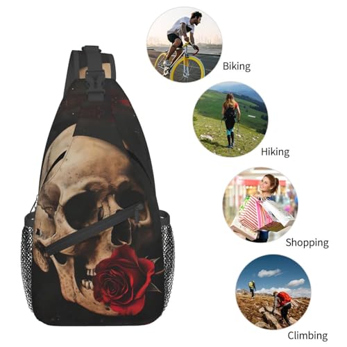 Bolso Cruzado Calavera Y Rosa Roja Casual Unisex miniatura 6