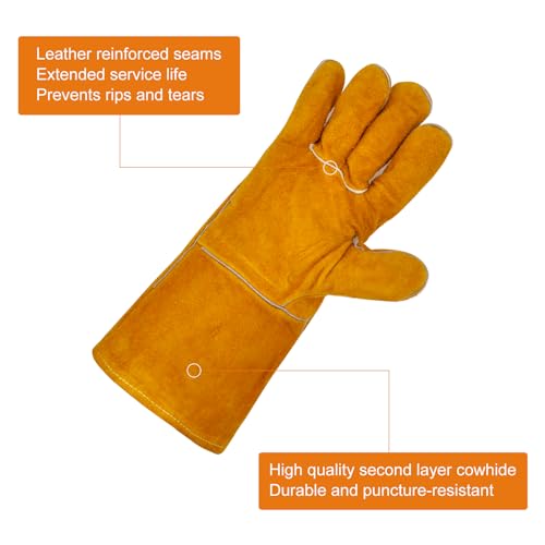 WOKICOR Feuerfeste Kaminhandschuhe und Grillhandschuhe Herren, Hitzeschutz Handschuh,Hitzebeständige Schweißerhandschuhe,Ofen Kaminofenhandschuhe, Braun, Robust Sicher,Handschuhe Hitzebeständig